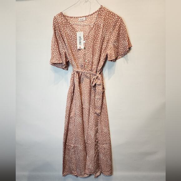 New Boho Maxi Dress Elastic Waist Pink Side Slit Belted Waist Women's Size XL - Picture 2 of 10